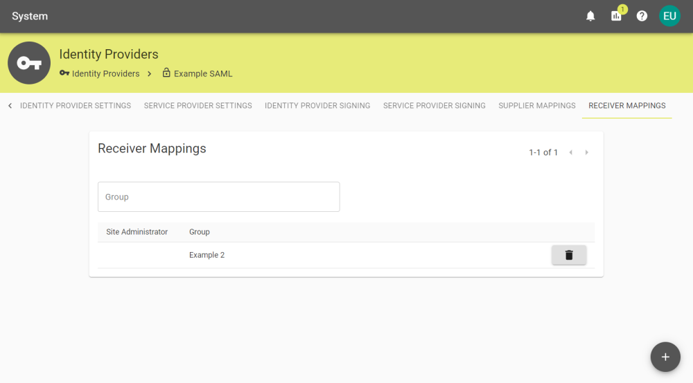 Receiver Mapping tab for a SAML provider.