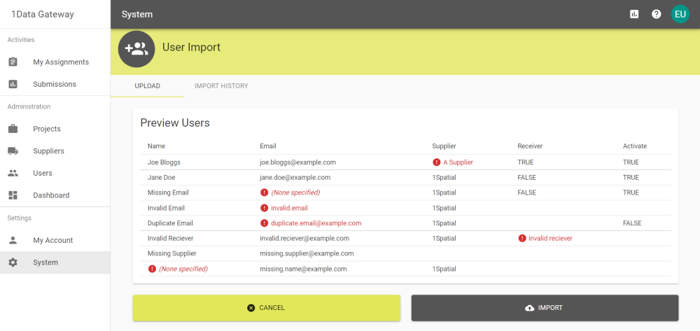 User import preview showing a number of examples of invalid fields marked by the preview.