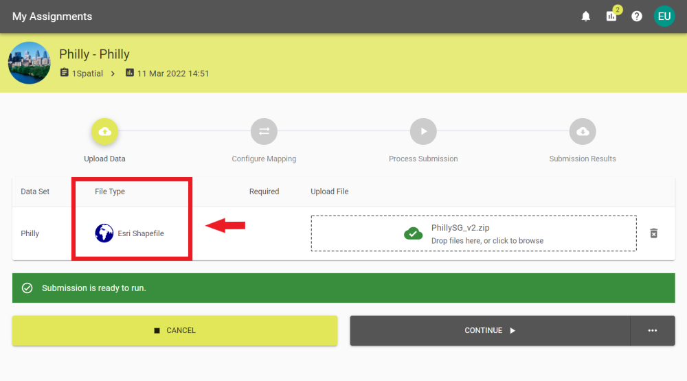 Upload Data stage where the File Type is annotated.