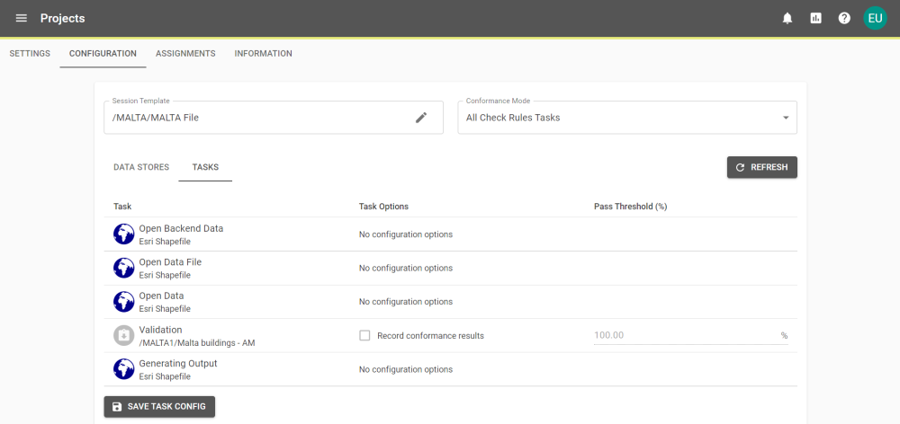 Project Configuration showing the list of tasks that a submission would perform in the processing phase.