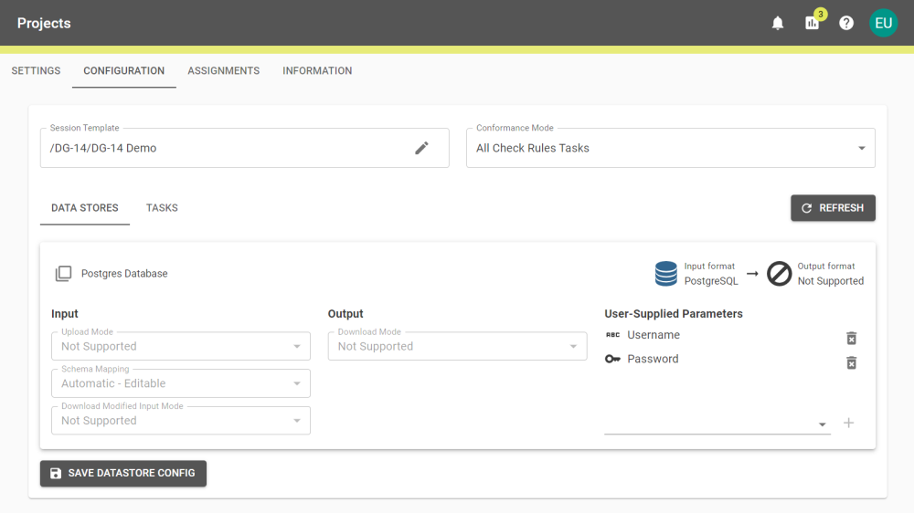 A Specification's configuration screen showing Username and Password parameters to connect to an external Data Store.