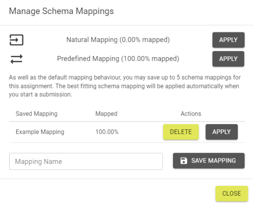 Manage Schema Mappings popout with a saved example schema.