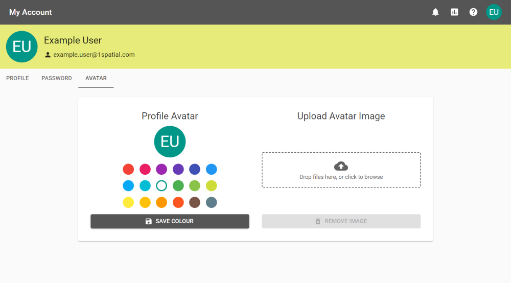 Avatar editor allowing a change of colours to an avatar of the user's initials and an image uploader for a custom avatar.