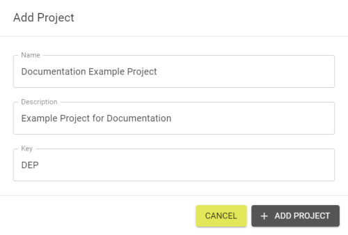The add project pop out that allows you to set the name, description, and key of a project being created.