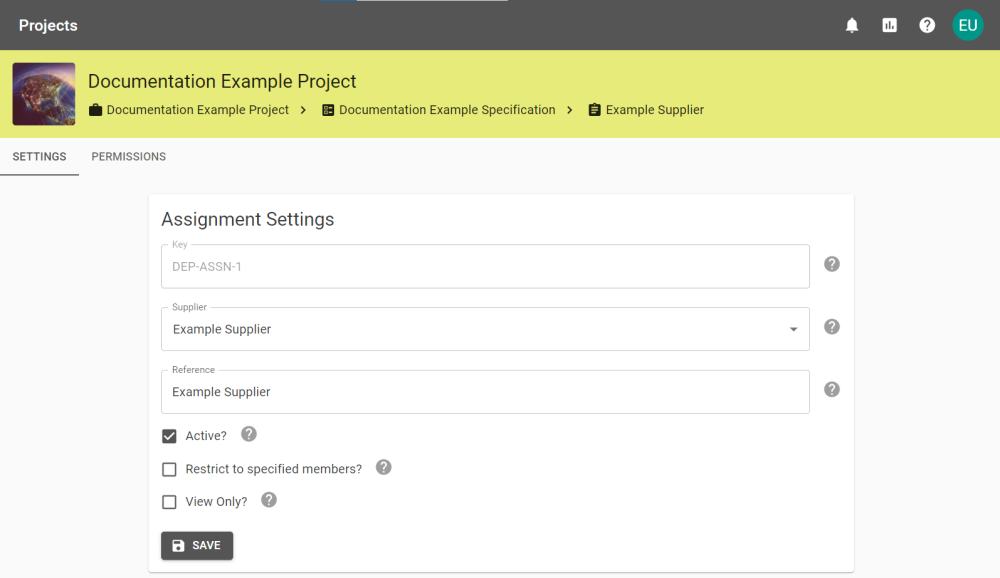 Assignment settings tab for a supplier attached to a project.