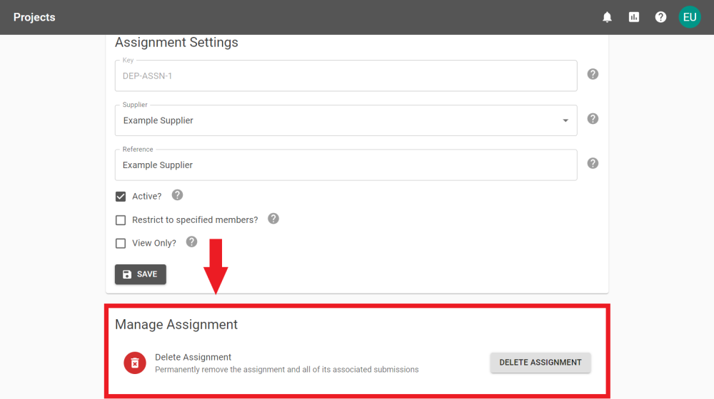 The bottom of the Assignment Settings tab with the Manage Assignment section annotated.