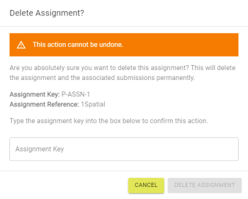 Deleted Assignment popout requiring the Assignmnet Key to confirm deletion.