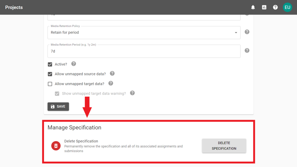 The bottom of the Specification Settings page with the Manage Specification Panel annotated.