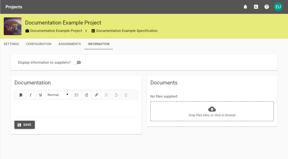 The project information tab showing attached documentation.