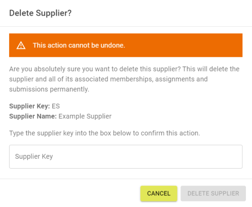 Delete Supplier popout requiring the Supplier Key to confirm deletion.