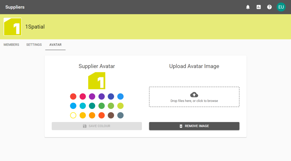 The Avatar tab for a Supplier, showing the 1Spatial Logo as the current avatar.