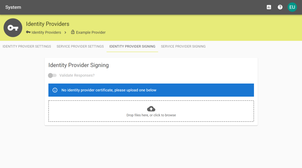 Identity Provider Signing tab for a SAML provider, which requires a certificate to be uploaded.