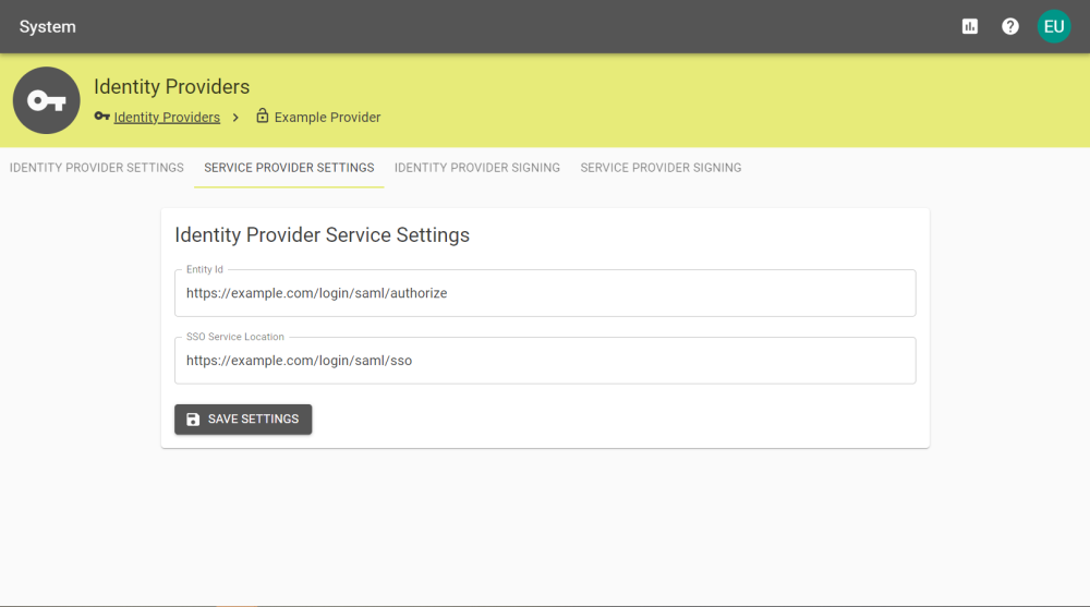 Service Settings tab for a SAML provider.
