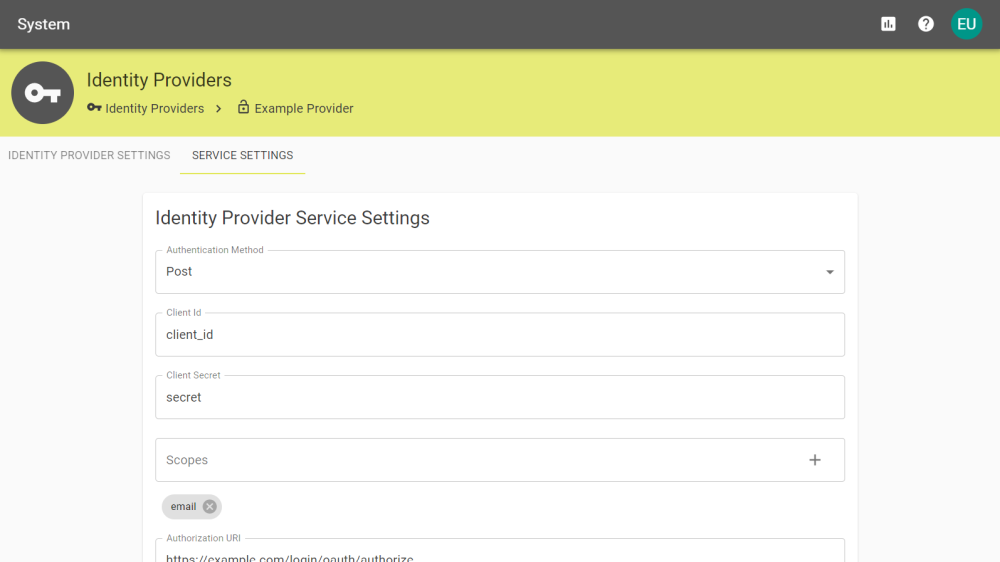 Service Settings tab for a OAuth provider.