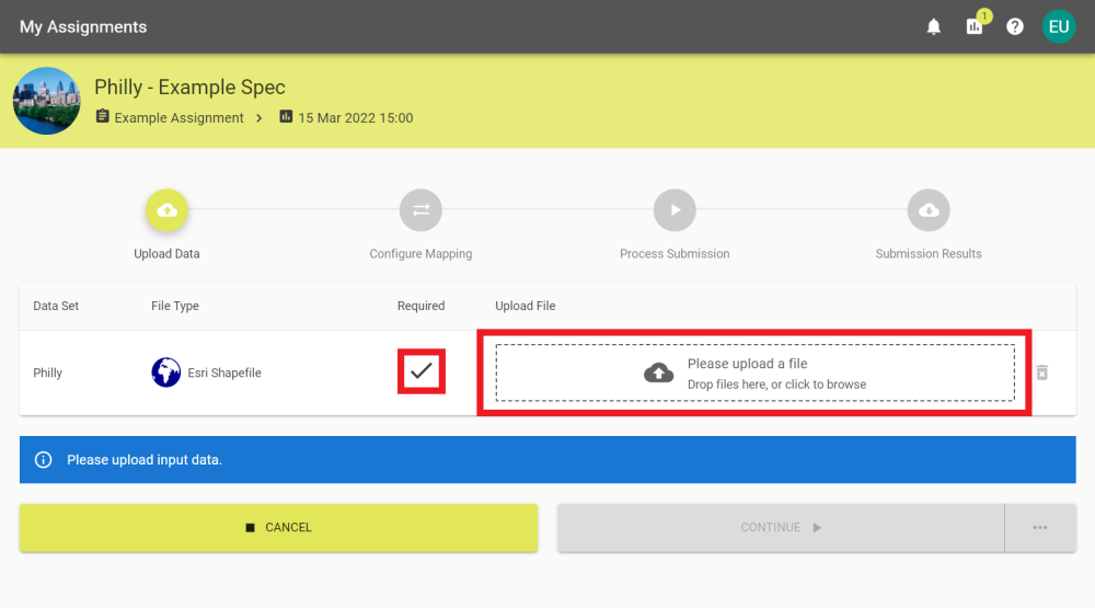 Upload Data stage where data is required to proceed and the required mark and upload area are annotated.