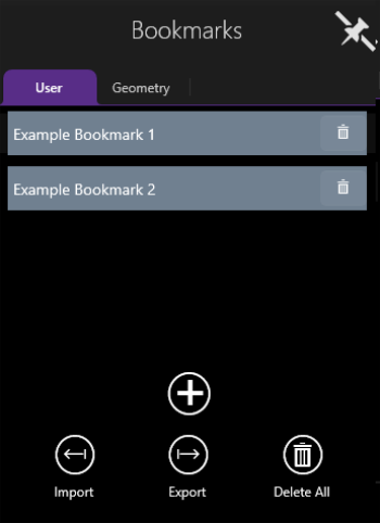 The User bookmarks pael with two example bookmarks featured.