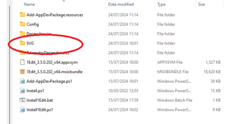 The SVG directory highlighted in the 1Edit installation directory.