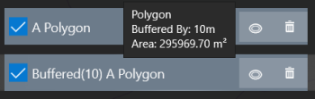A Geometry store buffer feature moused over showing the details of the polygon area and the buffer.