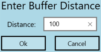 The buffer distance dialogue box with 100 entered as the Distance