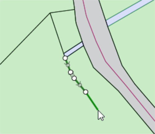 The line feature with new vertices being digitised.