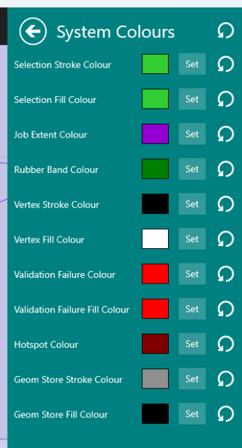 The System colours panel which contains colour controls for: Selection Stroke, Selection Fill, Job Extent, Rubber Band, Vertex Stroke, Vertex Fill, Validation Failure, Hotspot, Geom Store Stroke and Geom Store Fill.