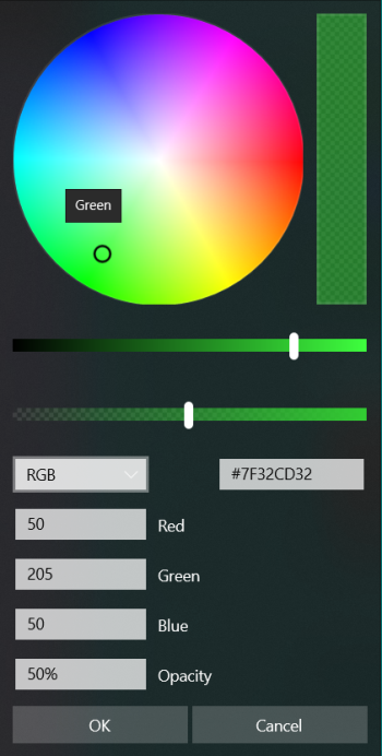 The colour pickere with a shade of green selected. The RGB value is 50,205,50. Additionally, opacity is set to 50% and the Hex code is #7F32CD32. 