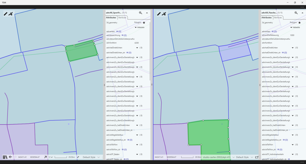 The Map viewer with the secondary read only window to the right. The two viewers have different features selected, showing the properties of each feature in the corresponding window.
