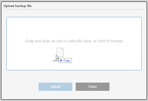 The window you upload a backup file to, either by drag and drop or clicking and browsing a file system.