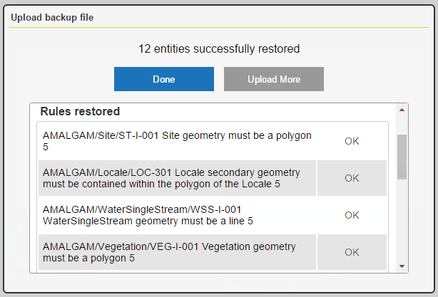 An example of the backup upload window showing a number of restored rules and their status as "OK".