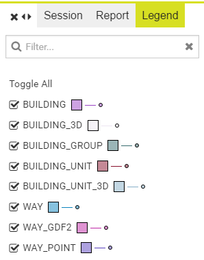 The legend for the cache viewer witha number of layers listed, each with a checkbox to show whether they are active or not, along with an editable colour.