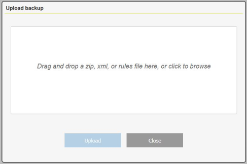 The window you upload a backup file to, either by drag and drop or clicking and browsing a file system.