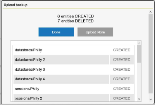 An example of the backup upload window showing a number of restored rules and their status as "OK".