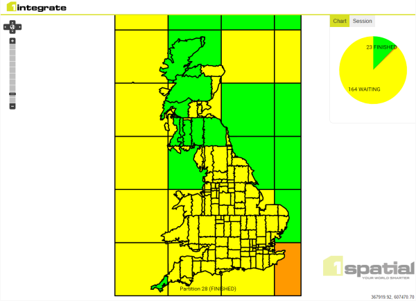 An example of the partition map in which Great Britain is divided into polygons coloured orange, yellow and green. 