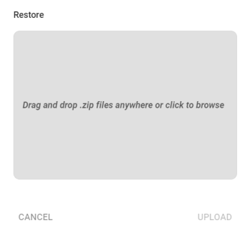 The window you upload a backup file to, either by drag and drop or clicking and browsing a file system.