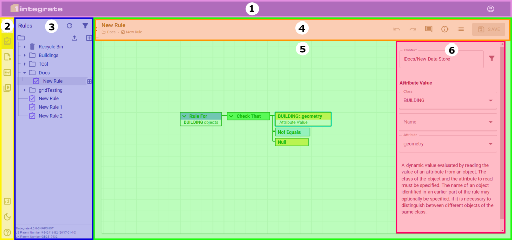 A numbered and colour-coded image of the interface, listed as they appear closest to the top or to the left if at the same level.