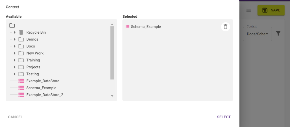 An image showing the context menu in 1Integrate, including Use Schema selected. 