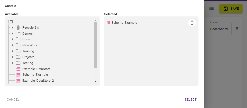 An image showing the context menu in 1Integrate, including Use Schema selected.