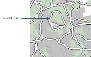 A map of a road network with an isolated island of road, not connected to the wider netowrk.
