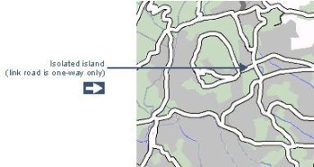 The same isolated island and road network, but now connected by a single one way road.