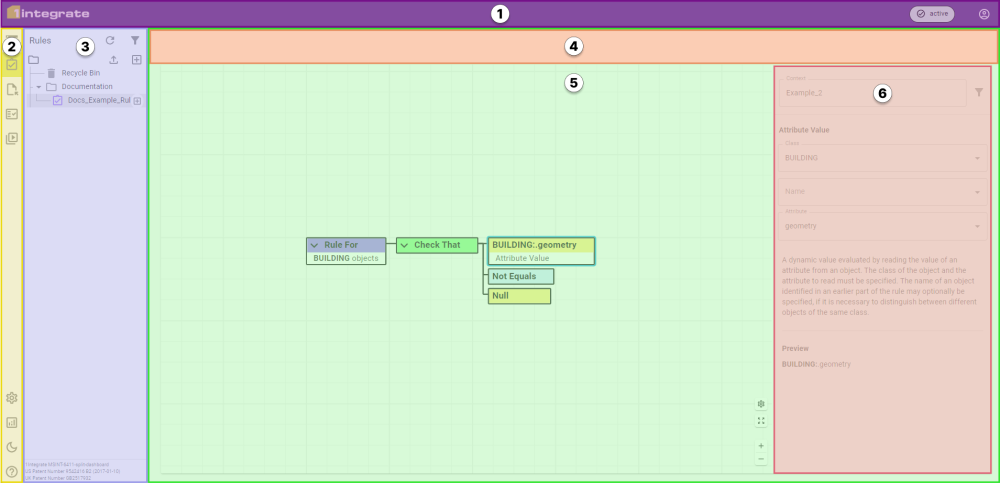 A numbered and colour-coded image of the interface, listed as they appear closest to the top or to the left if at the same level.