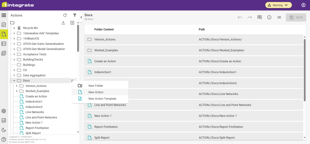 The Action Tab with a folder selected to add a new Action to.