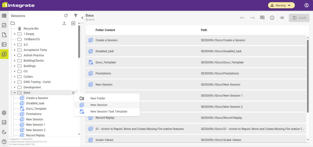 The Session Tab with a folder selected to add a new Session.