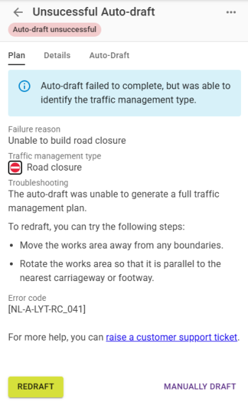 Example of a Failed Auto-draft generation, with an error code.