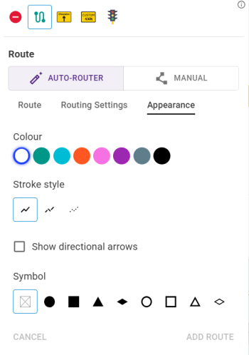 Diversion route feature palette