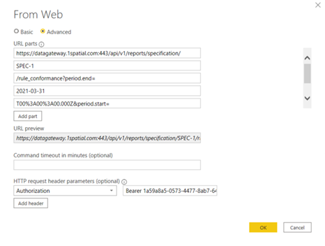 Entering connection details to the 1Data Gateway REST API